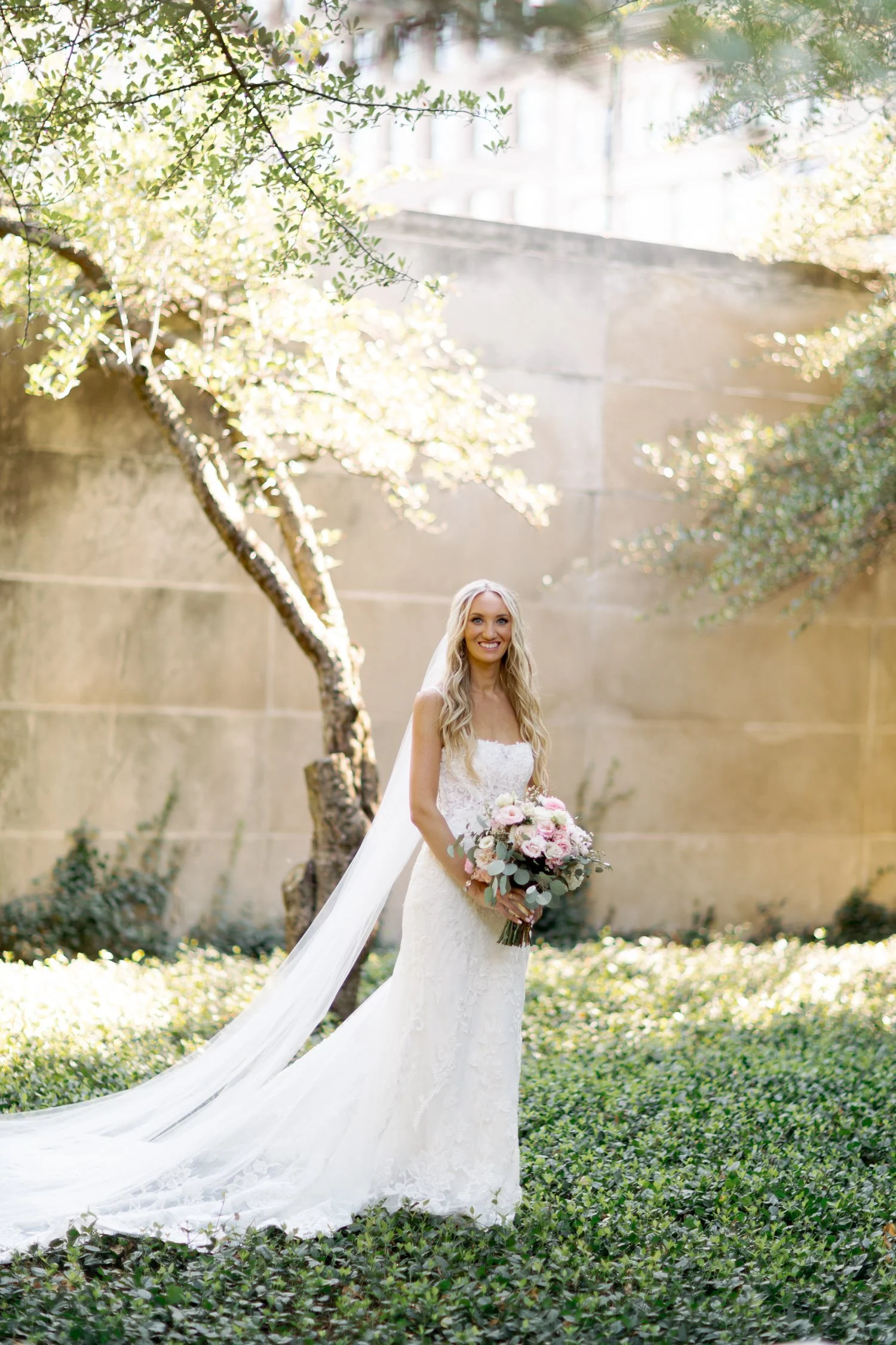 The bride smiles radiantly in the Art Institute South Gardens, her cathedral veil sweeping behind her over the lush groundcover and dappled light from olive trees.