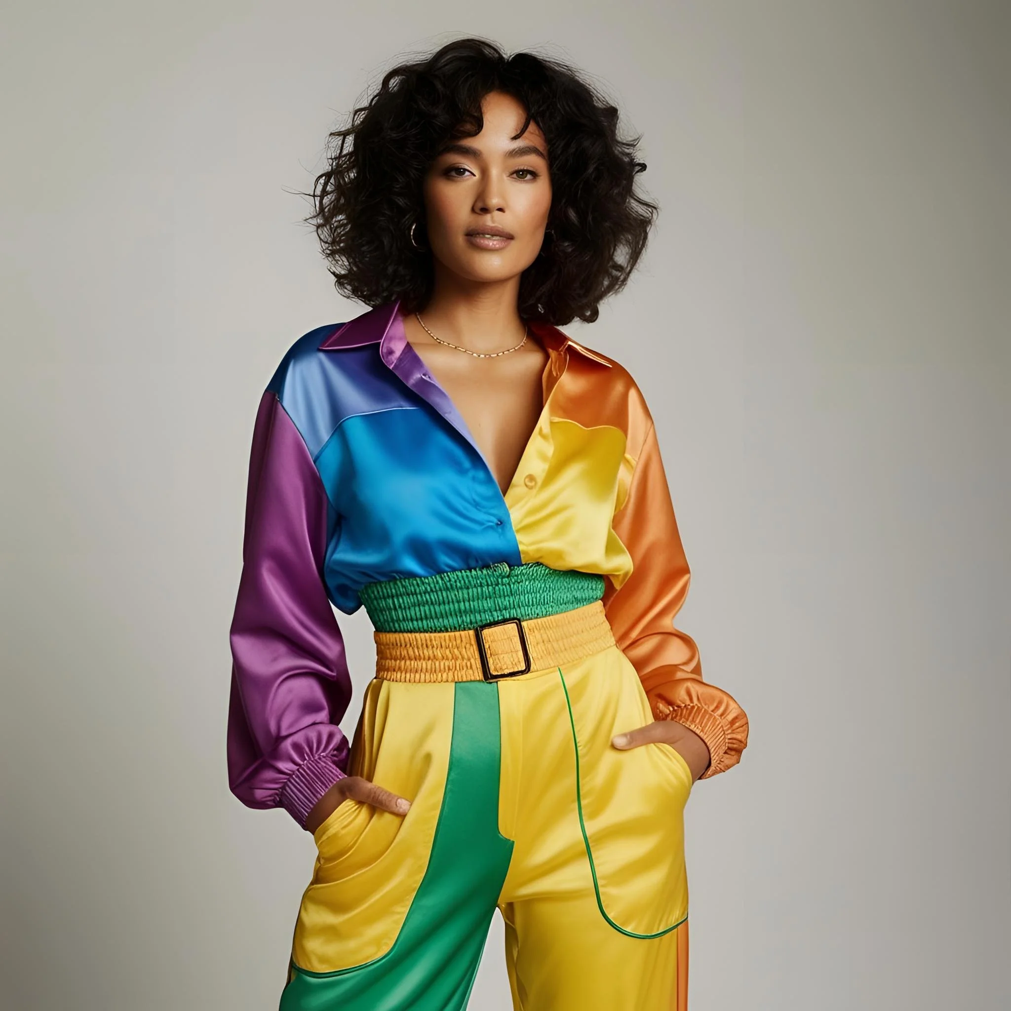 Woman in colorful outfit with rainbow hues and a matching belt, against a neutral background.