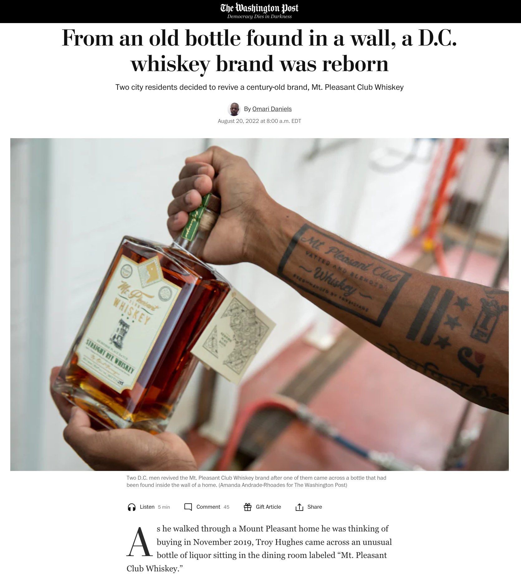 Washington Post - From an old bottle found in a wall, a D.C. whiskey brand was reborn.  Two city residents decided to revive a century-old brand, Mt. Pleasant Club Whiskey.