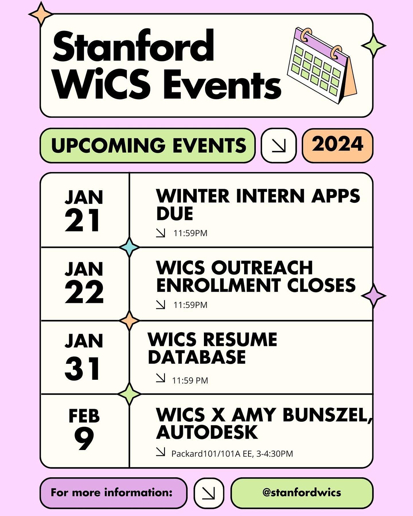 Happy near year and week 3!!! Here are some compiled events and due dates for you!! 

💜 Winter intern apps due tonight 1/21 11:59pm
💜 Enrollment for outreach volunteers closes 1/22 11:59pm
💜 WiCS Resume Database by 1/31
💜 WiCS x Amy Bunszel from 