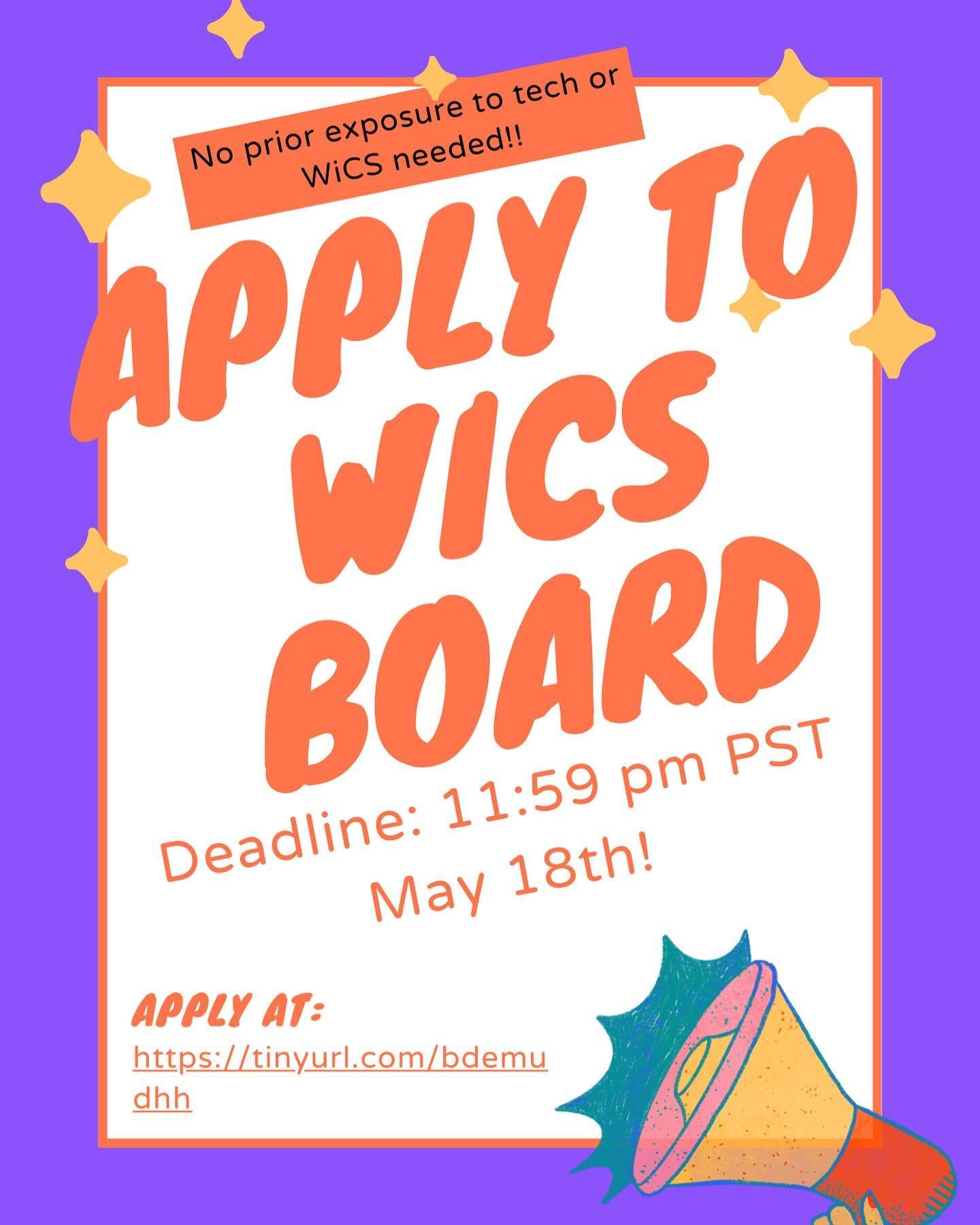 💜WiCS 2024-2025 Board are now open!💜
Apply here: https://tinyurl.com/bdemudhh
 
No matter your prior exposure to tech or WiCS, we welcome all women who have an interest in technology. If you are passionate about empowering &amp; supporting inclusio