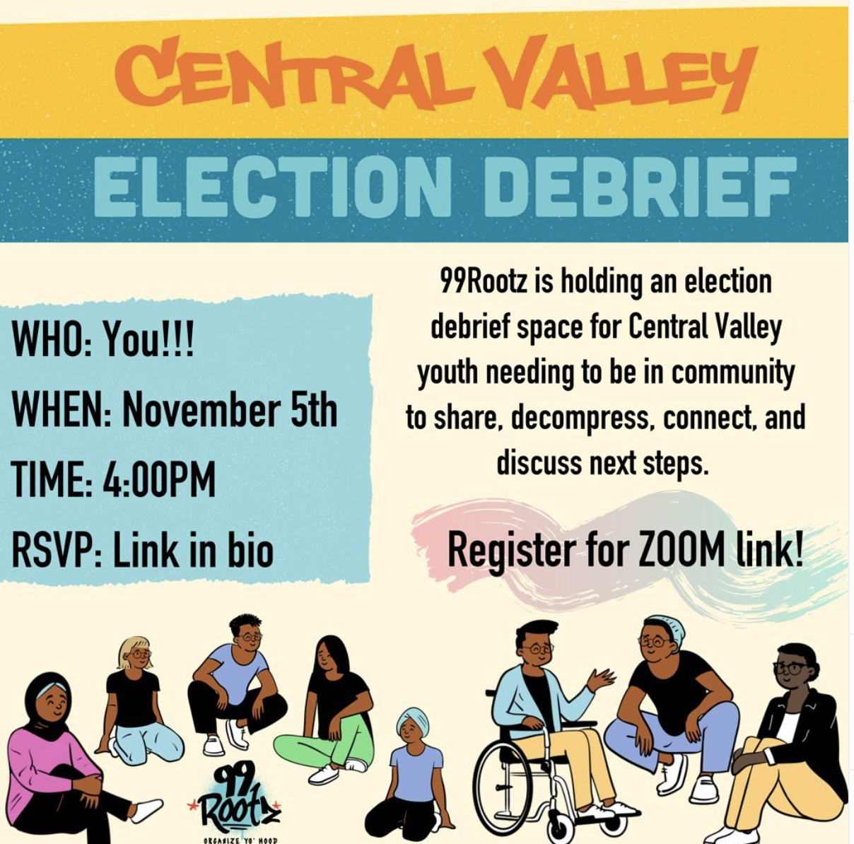 We’re holding an Election Debrief space for youth in the Central Valley this Thursday. Connect with others, share your thoughts, and find out how we continue to build together. Reg link in our link tree. 🦋✊🏾