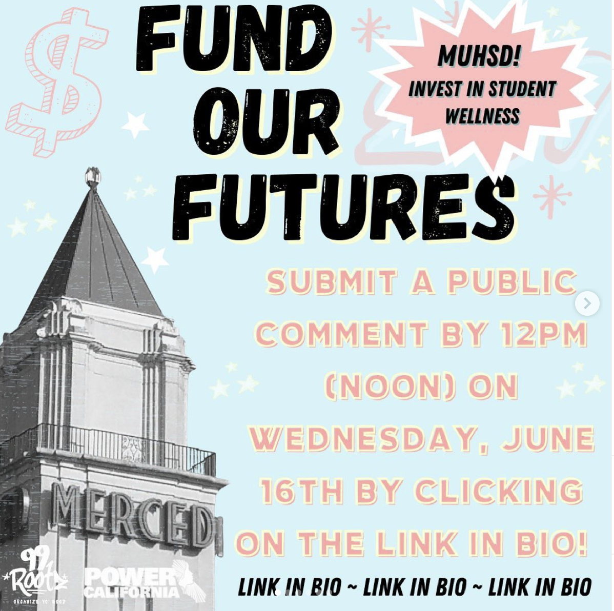 ✍🏽Submit ✍🏽 a ✍🏽 public ✍🏽 comment ✍🏽 by ✍🏽 clicking ✍🏽 link in bio⁣
⁣
We can’t go back to normal. We have an opportunity to start a new chapter in Merced. ⁣
⁣
Let MUHSD know you support $10 million or federal funding going to student wellness