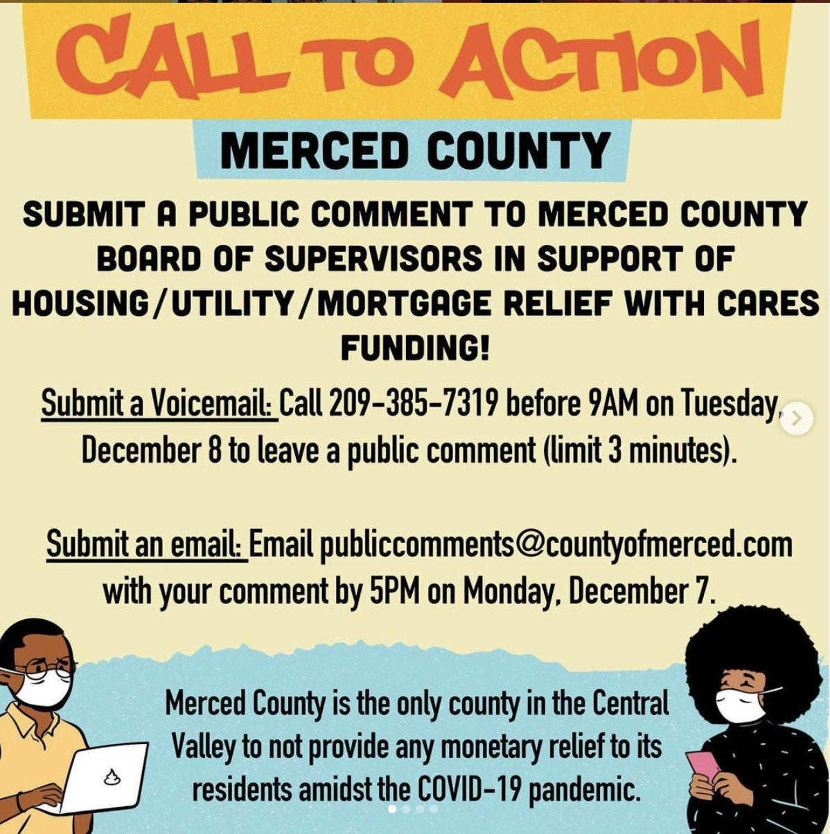 Hundreds of residents in Merced County are falling behind on household payments. Board of Supervisors refuse to act. ⁣
⁣
Submit a public comment on why we need a rent/utility/mortgage assistance program! ☎️ ⁣
⁣
🌱 Tag someone to do it with you in the