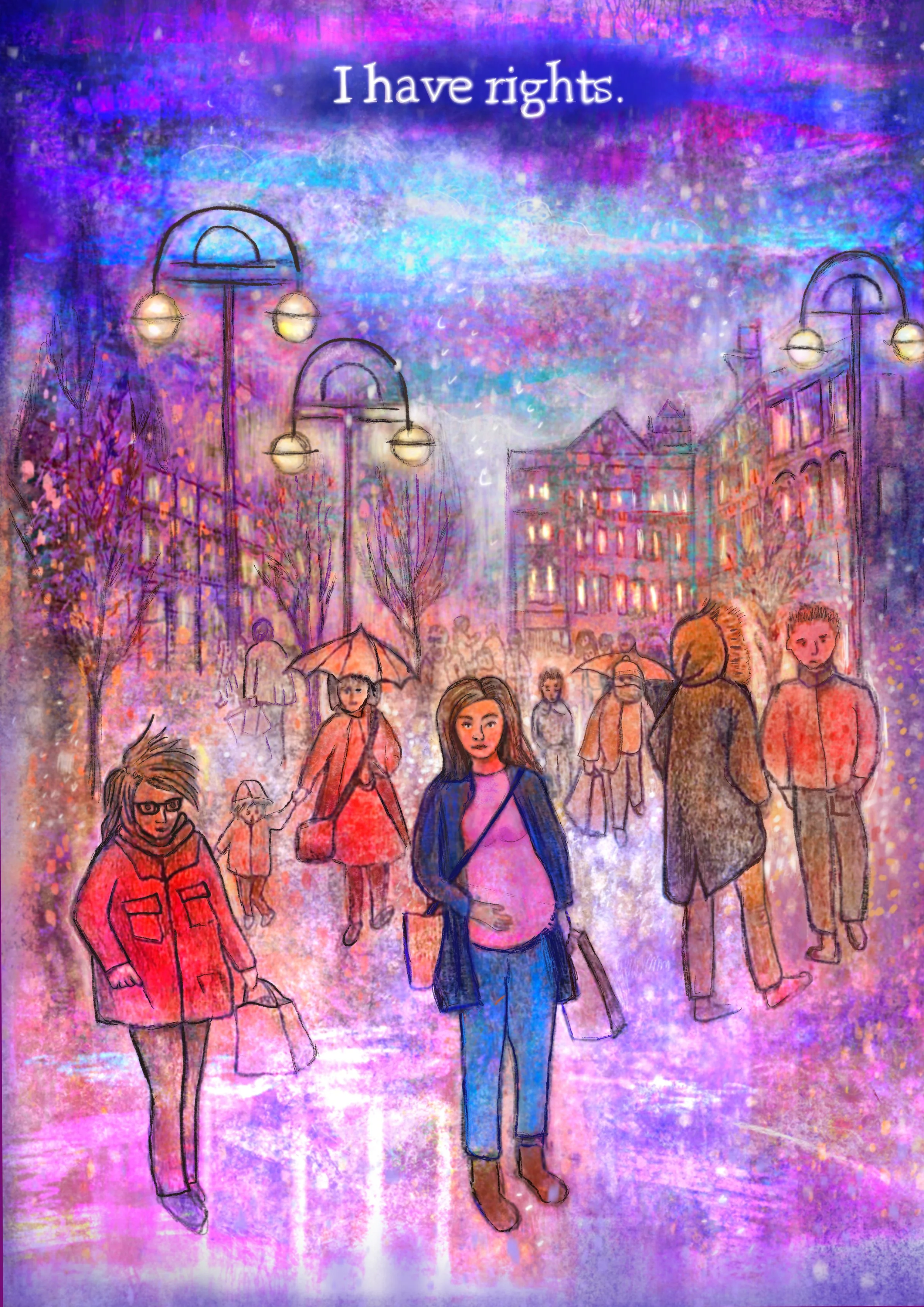 Illustration of pregnant woman in busy rainy street