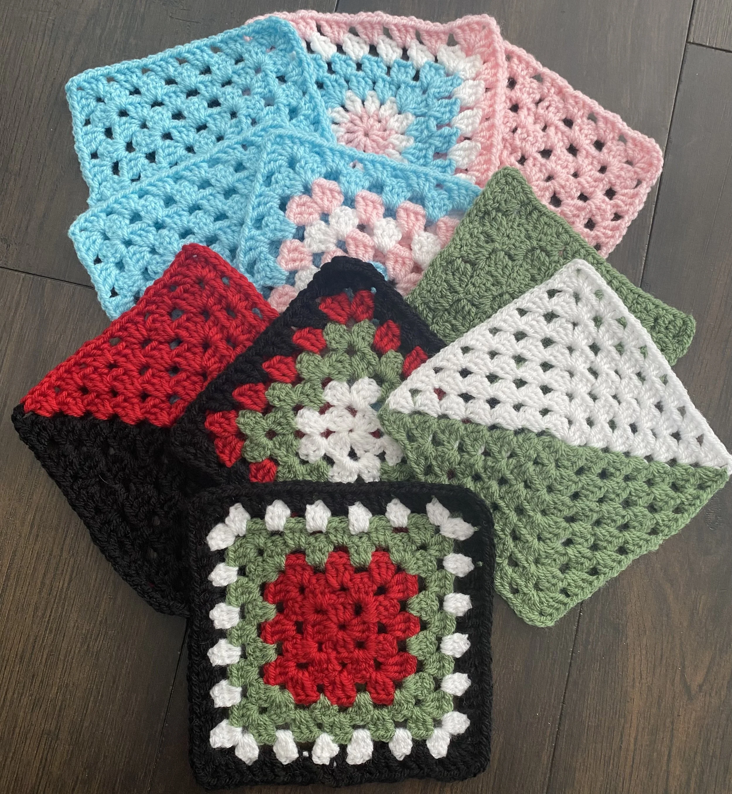 Granny squares with colours of Palestinian flag