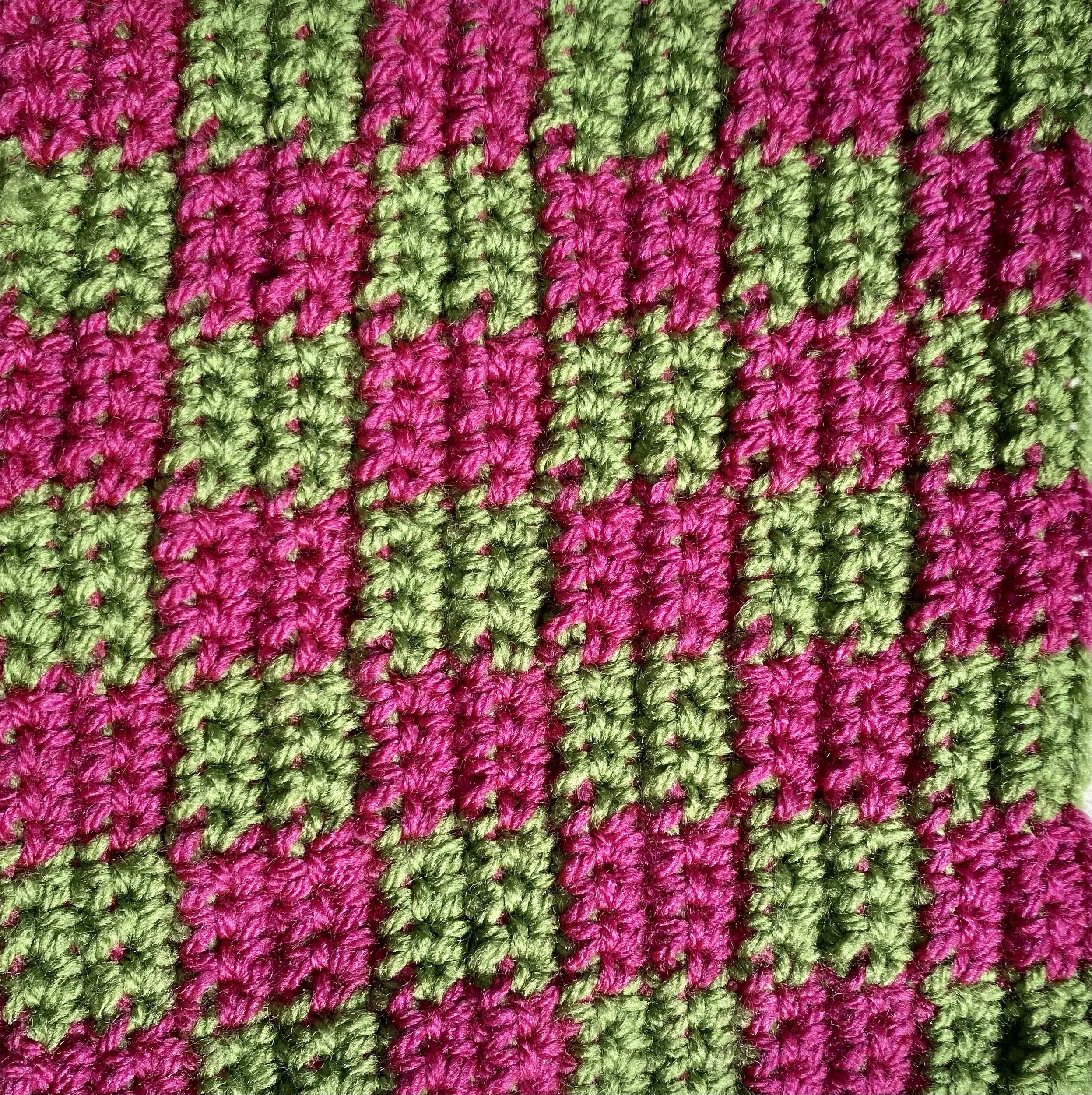 Image of green and pink chequered tapestry crochet