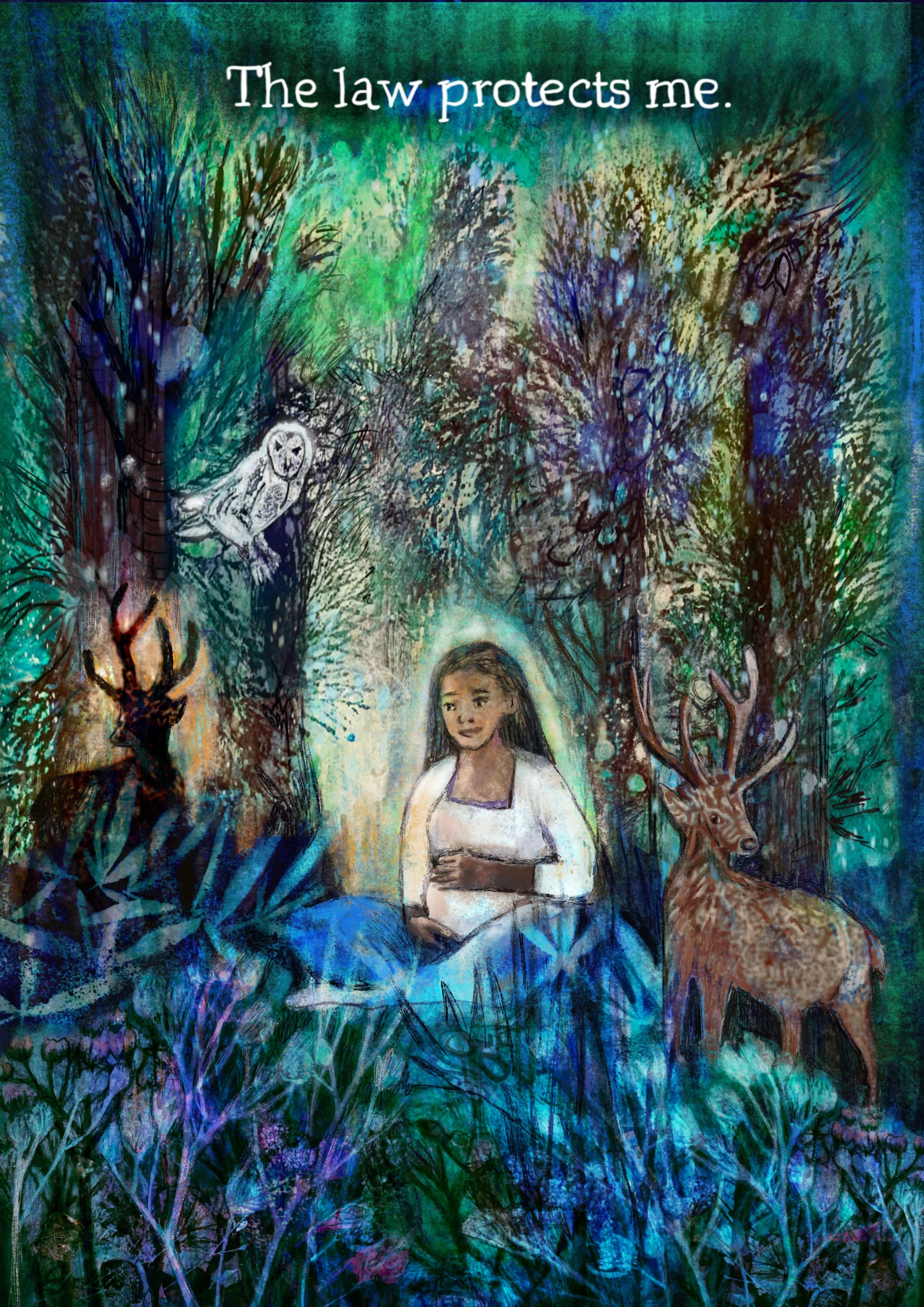 Illustration of pregnant woman sitting in forest
