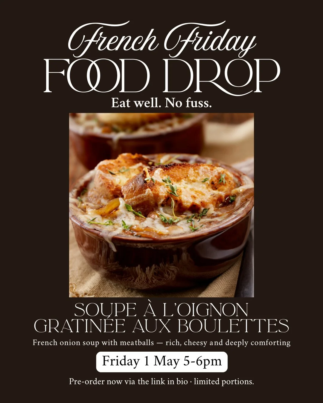 French Friday Food Drop #2 🇫🇷⁠
⁠
Eat well. No fuss.⁠
⁠
Each week, I&rsquo;ll cook one dish &mdash; it changes every Friday. No menu, no fuss, just something comforting and ready to go at the end of the week.⁠
⁠
This week&rsquo;s dish is Soupe &agra