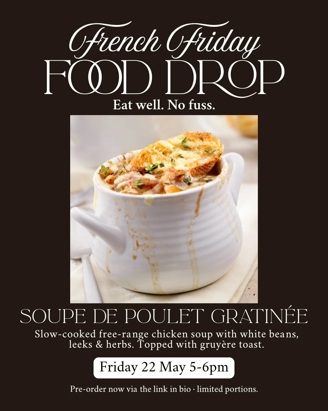 French Friday Food Drop #5 🇫🇷⁠
⁠
Last week sold out &mdash; so if you&rsquo;ve been meaning to order, I&rsquo;d recommend jumping in early this week. ❤️⁠
⁠
Eat well. No fuss.⁠
⁠
Each Friday, I cook one dish &mdash; no menu, no fuss, just something 
