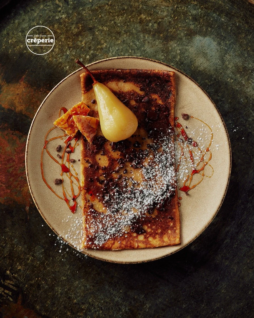 Golden, caramelised, and just the right amount of indulgent.

A delicate cr&ecirc;pe layered with rich chocolate, a dusting of sugar, and a perfectly poached pear on top, because dessert should feel a little bit special, every time.

Simple ingredien