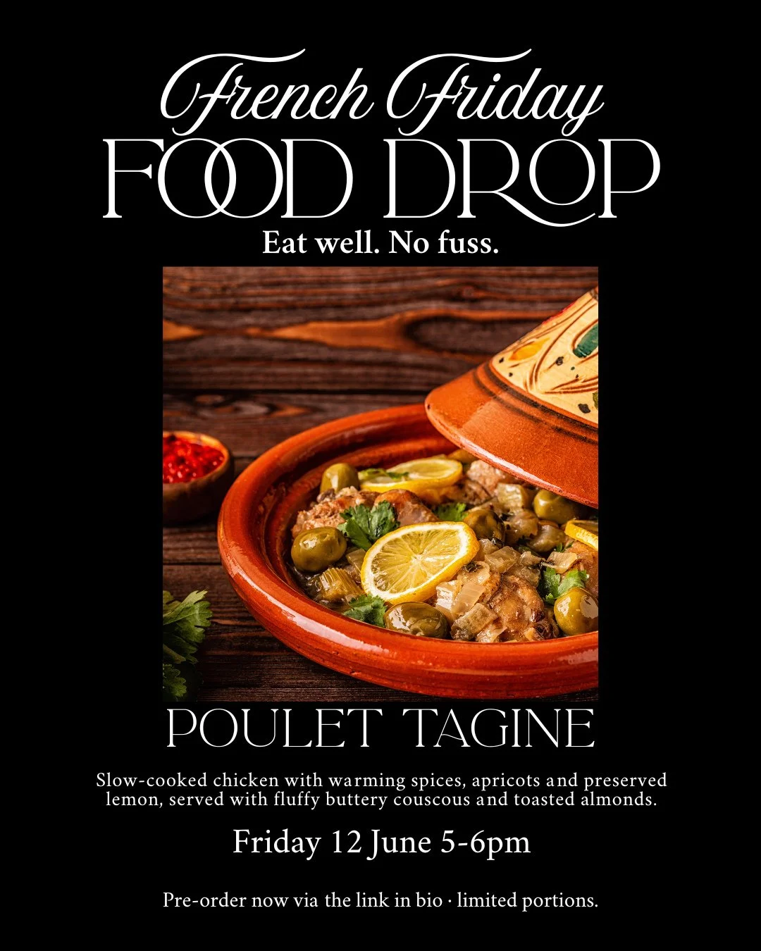 French Friday Food Drop #7 🇫🇷⁠
⁠
Last week's Food Drop sold out, so if you'd like one this week, we recommend booking early.⁠
⁠
This Friday we're serving a North African favourite beloved throughout France.⁠
⁠
🍋 Poulet tagine et couscous⁠
⁠
Tender