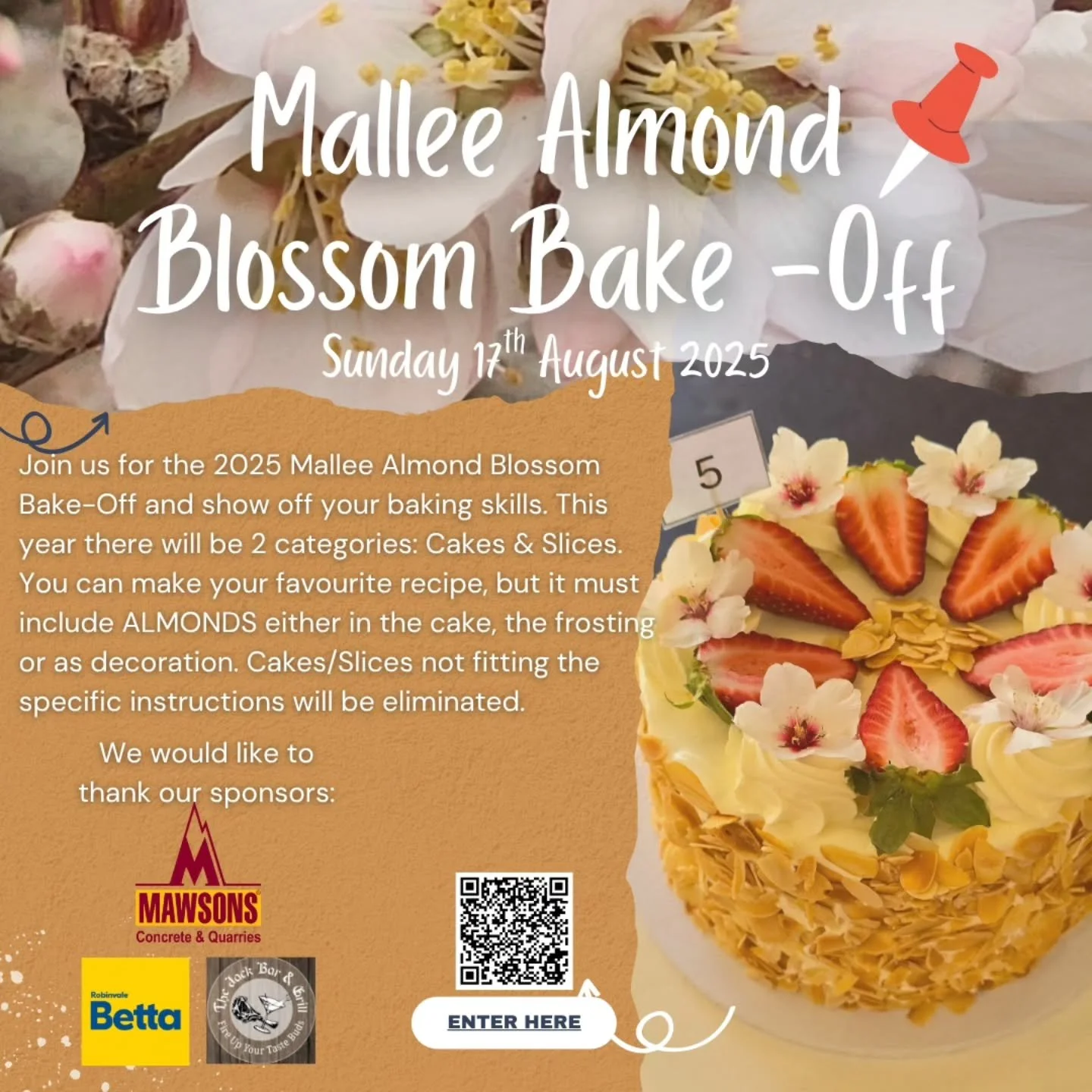 There is still time to enter 

Your favourite cake or slice  made with almonds in the ingredients 

Enter at www.mabf.org.au or scan the QR CODE 

Thanks to our sponsors 
@ebmawsonandsons - Mawsons Concrete 
@robinvalebetta - Robinvale Betta 
@thejac