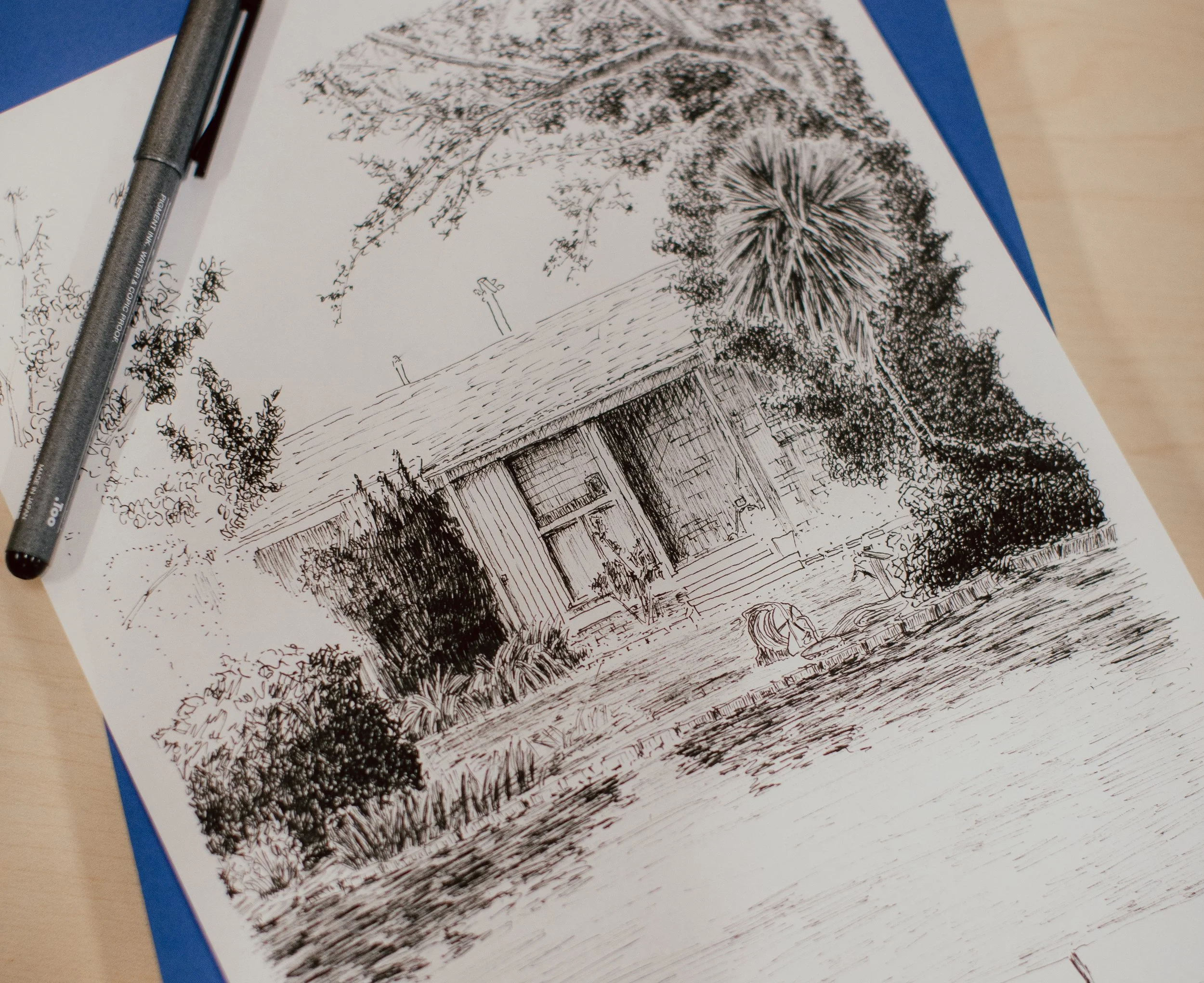 A detailed black and white ink drawing of a house surrounded by trees and shrubs, with a water feature in front and a ladder leaning against the house.