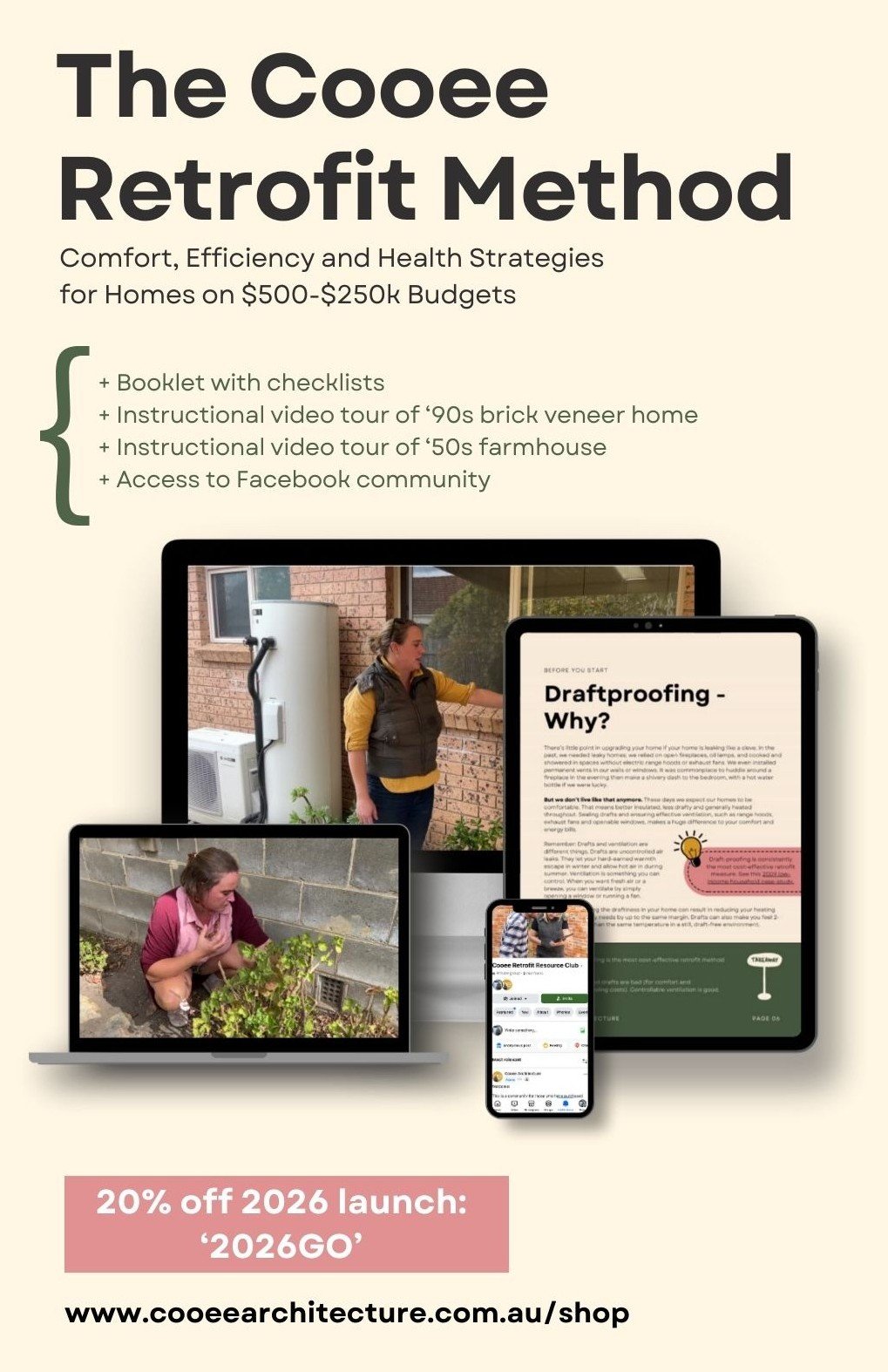 Cooee Retrofit Method: Comfort, Efficiency and Health Strategies for Homes on $500-$250k budgets. Shows an instructional booklet, and previews from instructional home tour videos.