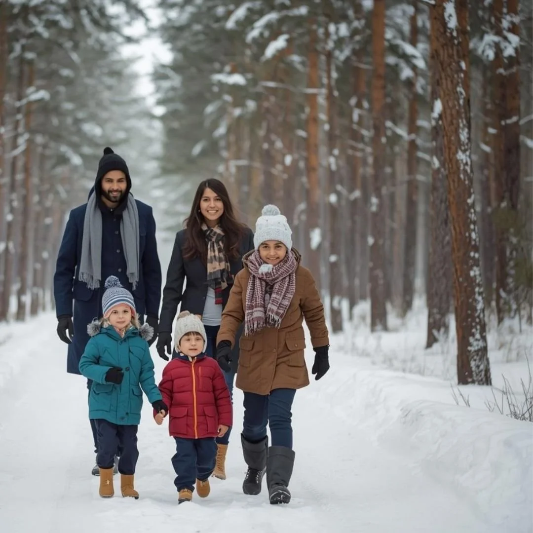 A family walking together through a snow-covered forest in Finnish Lapland, dressed warmly for winter.