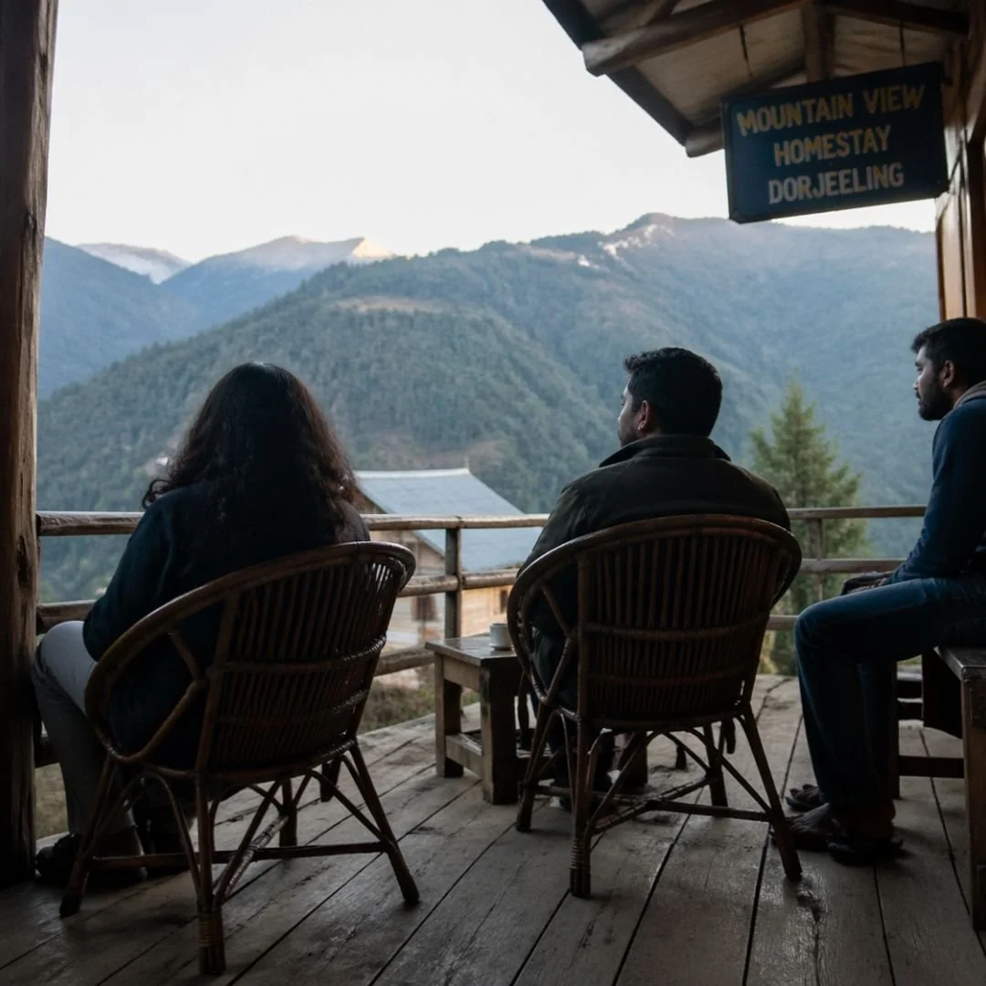 Three Indian travellers sitting quietly on a wooden veranda of a mountain homestay in Arunachal Pradesh, overlooking misty hills in soft natural light, sharing a calm and reflective moment in silence