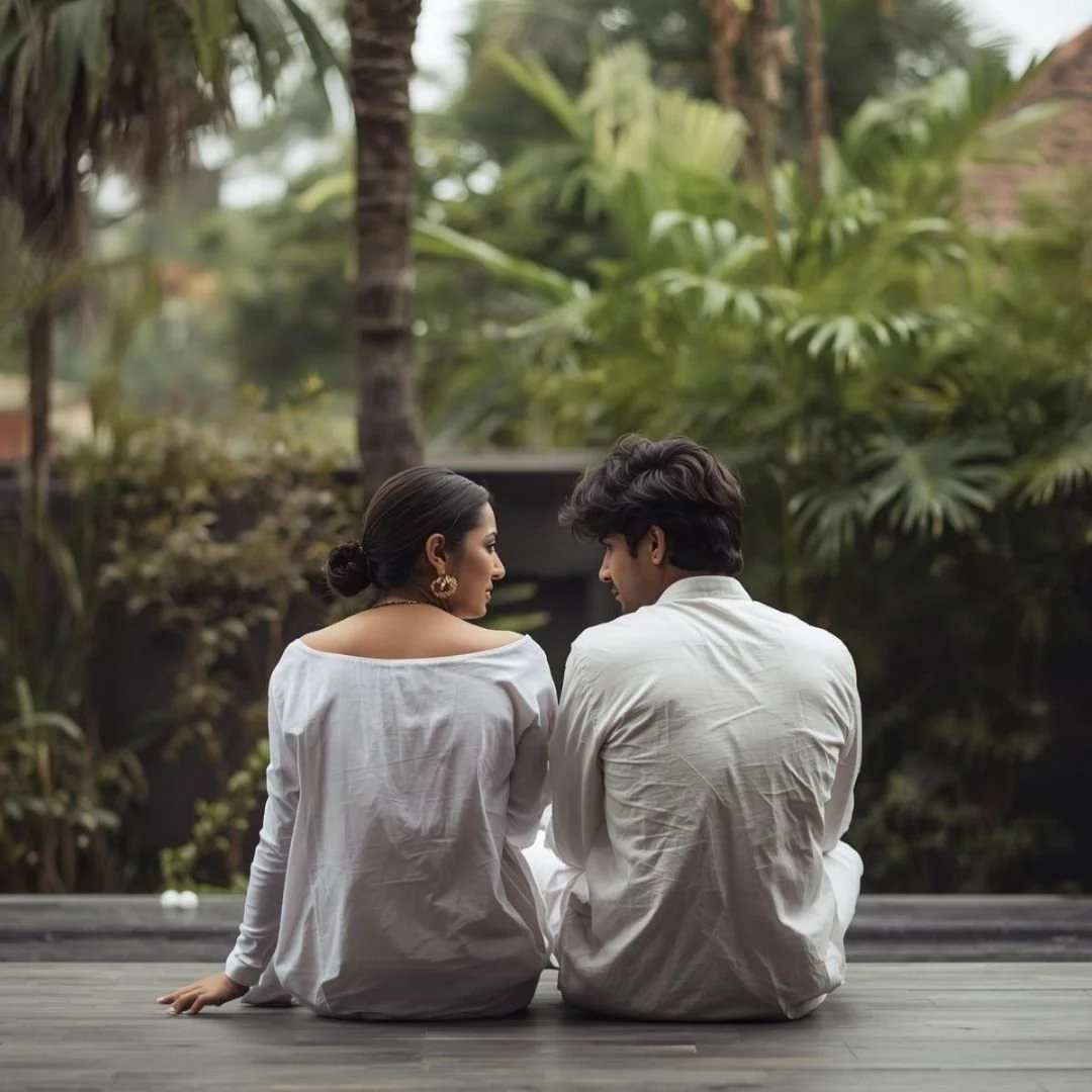 Couple sitting side by side in a Bali setting, sharing a quiet and relaxed moment surrounded by greenery