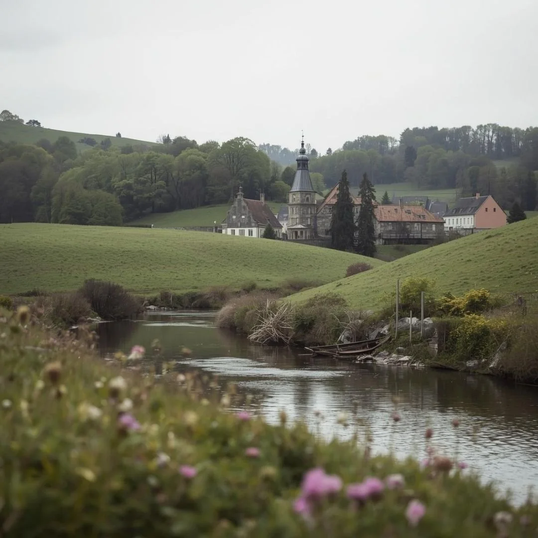 A tranquil riverside landscape in the Czech countryside, with rolling green hills, a historic village and church tower in the distance, and soft reflections on the water, conveying calm and pastoral beauty
