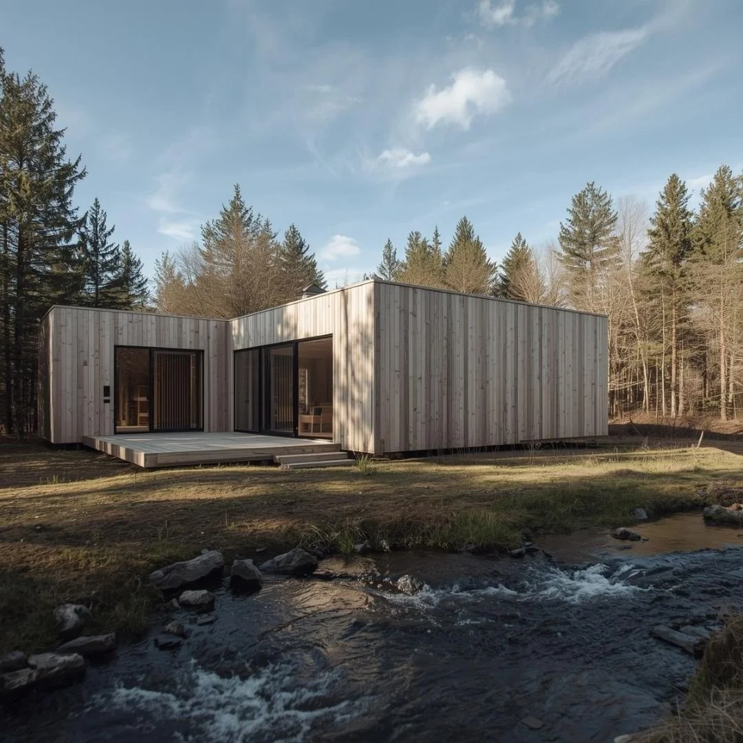 Modern wooden cabin set beside a small stream, surrounded by forest and open sky.