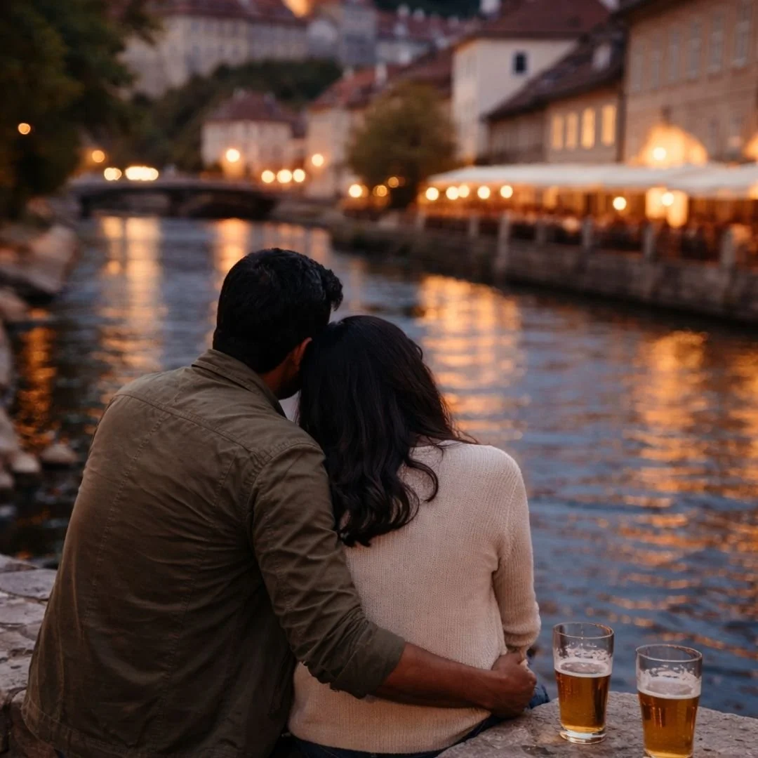 A couple sitting close by a river at dusk, arms around each other, with softly glowing cafés and historic buildings reflected in the water, evoking intimacy, warmth, and slow European evenings.