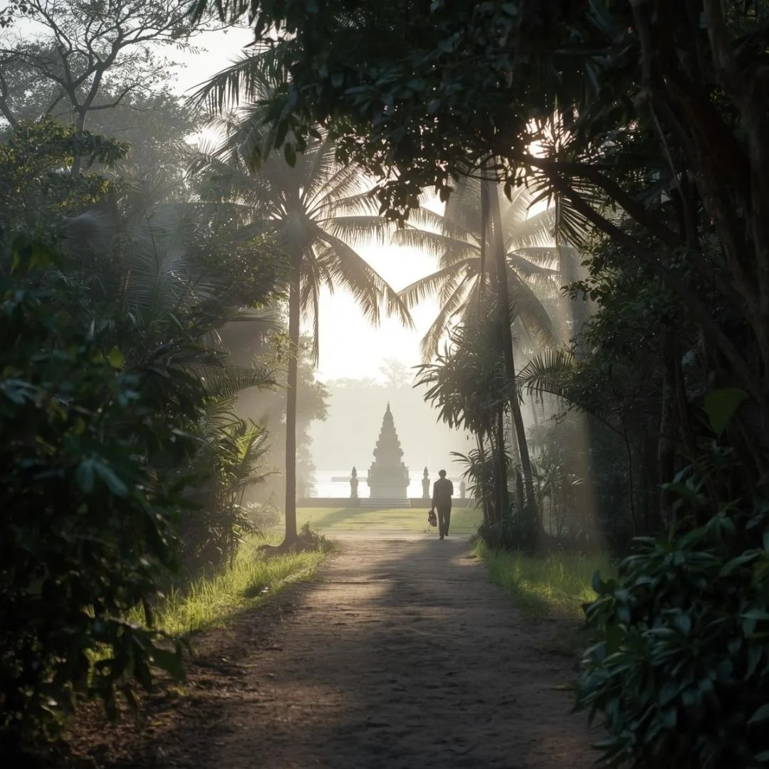 A narrow forest path in Bali leading toward a distant temple, framed by palm trees and soft morning mist, with a lone figure walking quietly through diffused golden light.