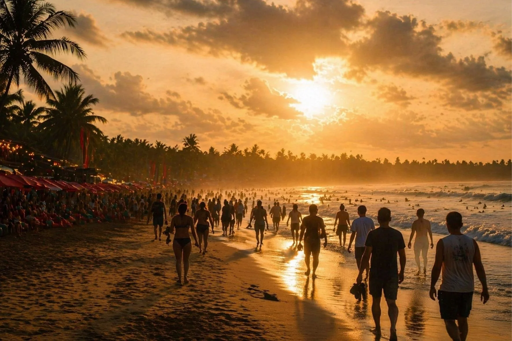Crowded Bali beach at sunset with people walking along the shoreline under a golden sky, palm trees lining the coast and waves reflecting warm evening light.