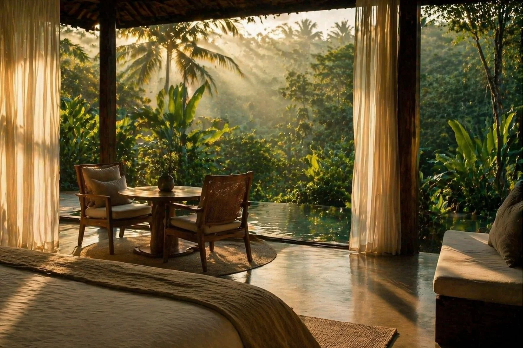 Luxury Bali villa interior opening to a lush jungle view with soft morning sunlight, featuring a cozy seating area beside a private infinity pool surrounded by tropical greenery.