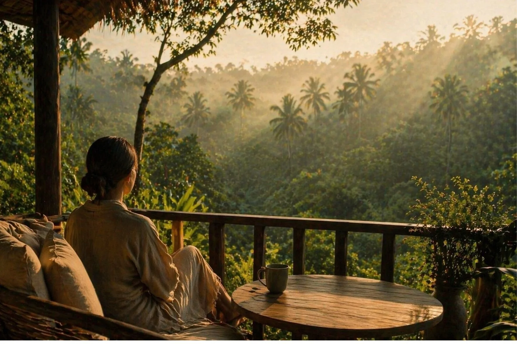 Woman sitting on a wooden balcony overlooking lush Bali jungle at sunrise, with soft golden light filtering through palm trees and a cup of coffee on the table, creating a calm and serene atmosphere.