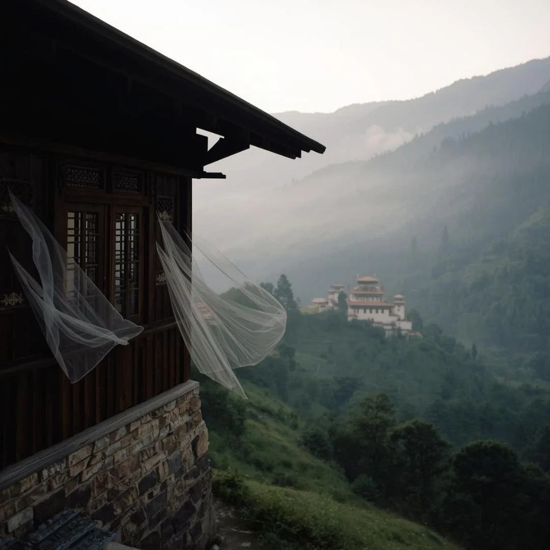 Traditional Bhutanese wooden lodge overlooking a misty Himalayan valley, with sheer curtains moving in the mountain ai