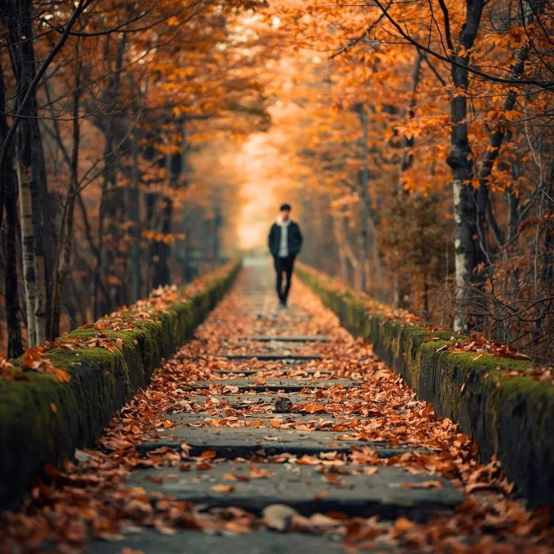 A quiet autumn pathway covered in fallen leaves with a lone figure walking slowly, capturing a calm and immersive seasonal travel experience in Japan