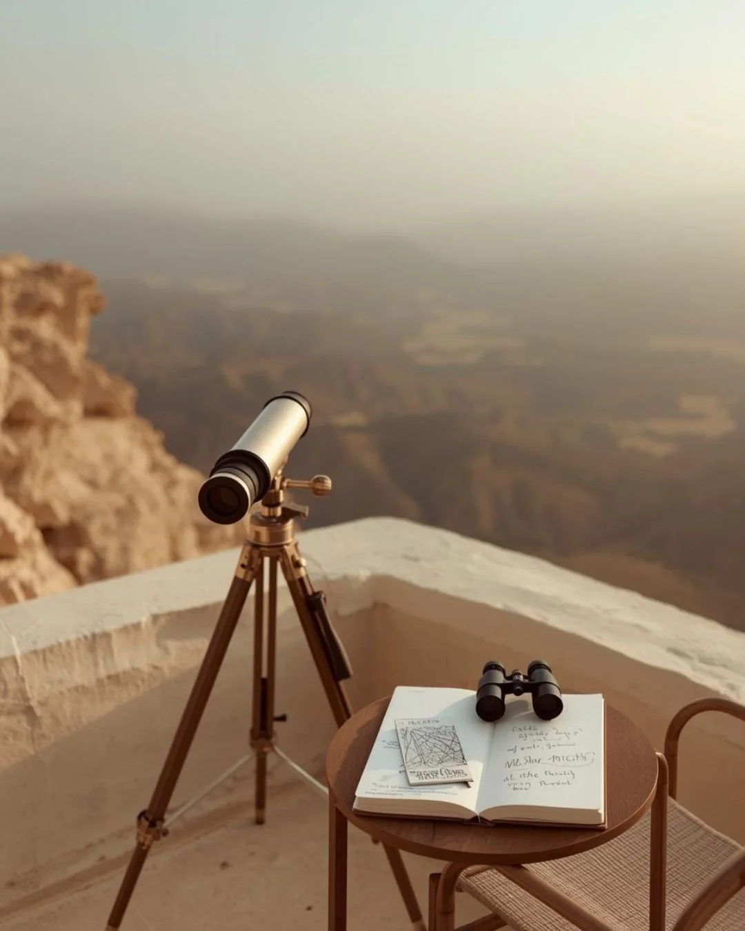 Telescope on a tripod beside a small table with an open notebook, map, and binoculars, overlooking a hazy mountain valley at golden hour.