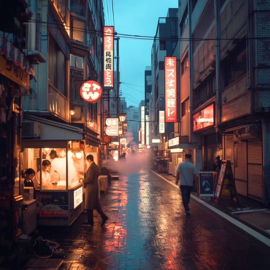 Osaka street food stall at night with warm lights, neon signs, and wet reflective streets