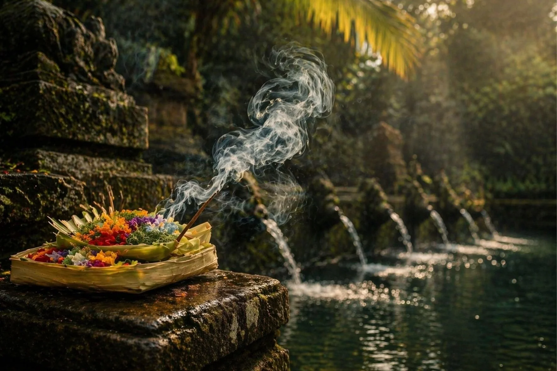 Traditional Balinese offering with colorful flowers and burning incense placed beside a serene temple water fountain, with gentle streams flowing into a sacred pool surrounded by lush greenery.