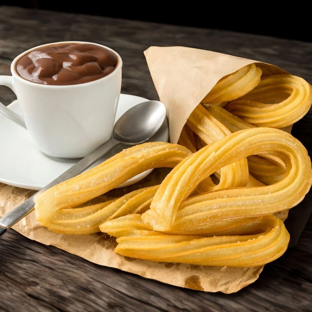 Fresh golden churros dusted with sugar, wrapped in paper, served alongside a cup of thick hot chocolate on a dark wooden table.
