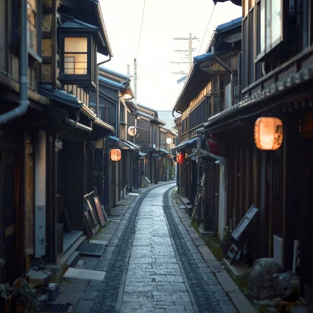 A quiet Kyoto street with traditional wooden houses and softly lit lanterns, creating an immersive and intimate walking experience through Japan’s historic neighborhood