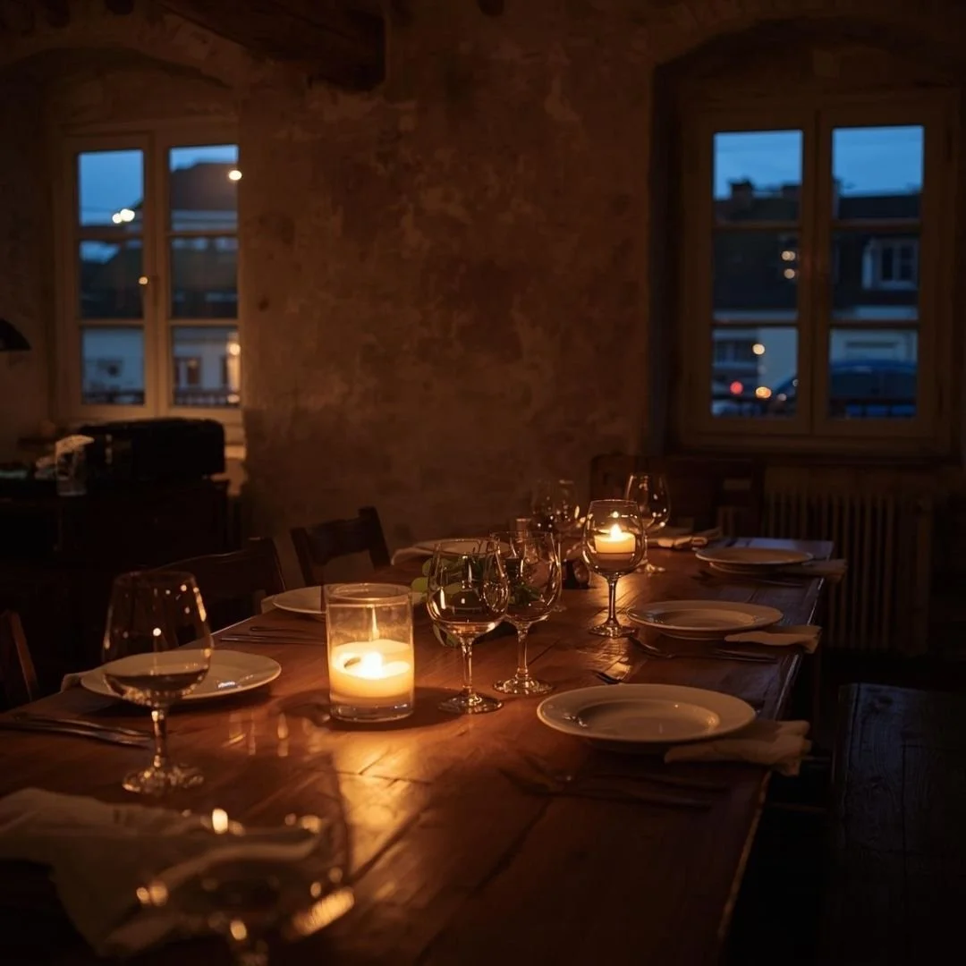 Candlelit wooden dining table in a warm Czech interior, set for a long evening meal with wine glasses and plates, soft amber light, dusk visible through the windows, intimate and unhurried atmosphere.
