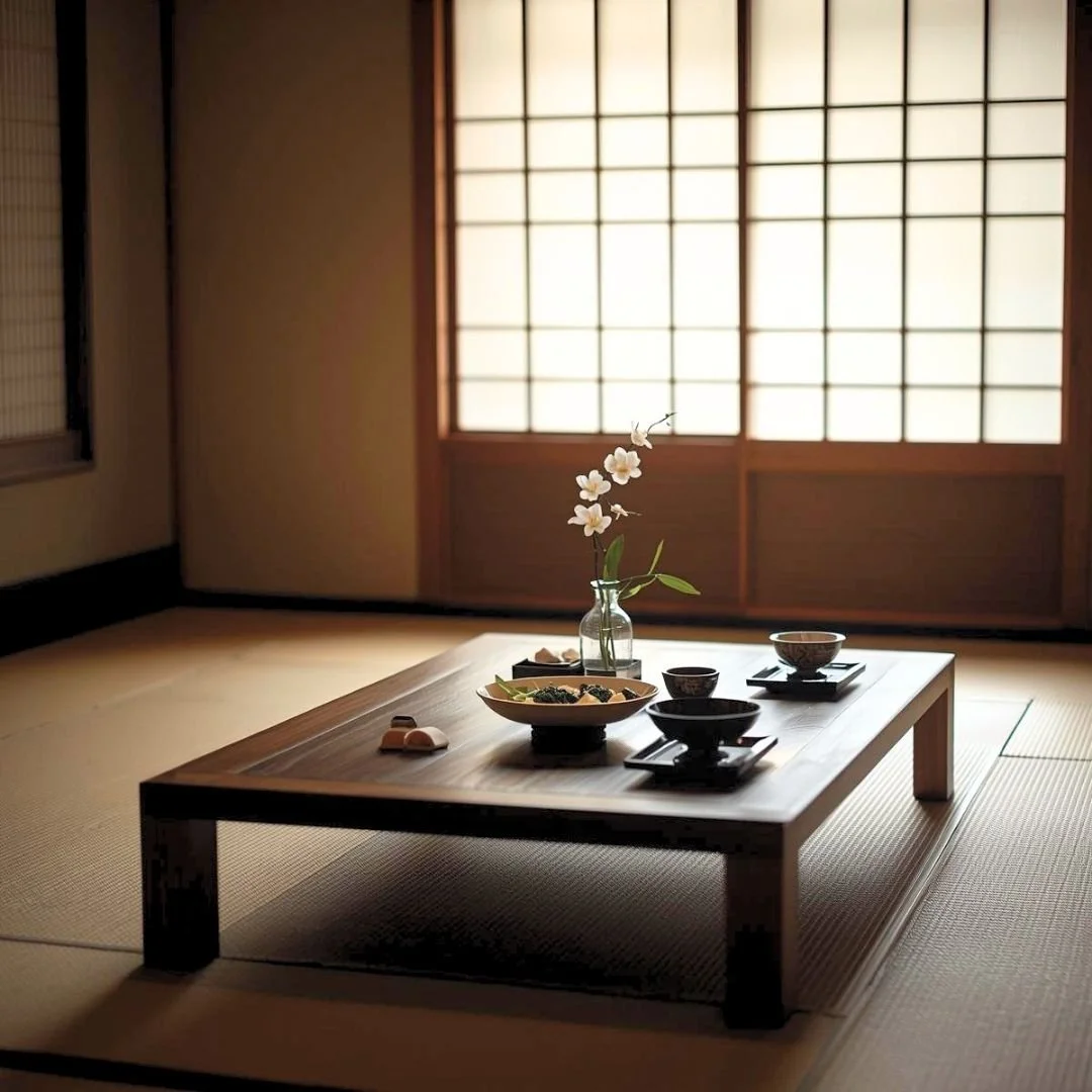 A minimalist Japanese ryokan interior with tatami flooring, a low wooden table set with a refined meal, and soft light filtering through shoji screens, capturing quiet luxury and attention to detail