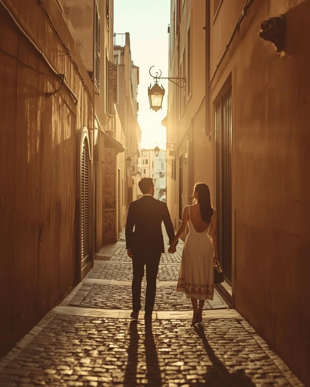 Couple walking hand in hand down a narrow cobblestone alley at golden hour, framed by warm stone walls and vintage lanterns.
