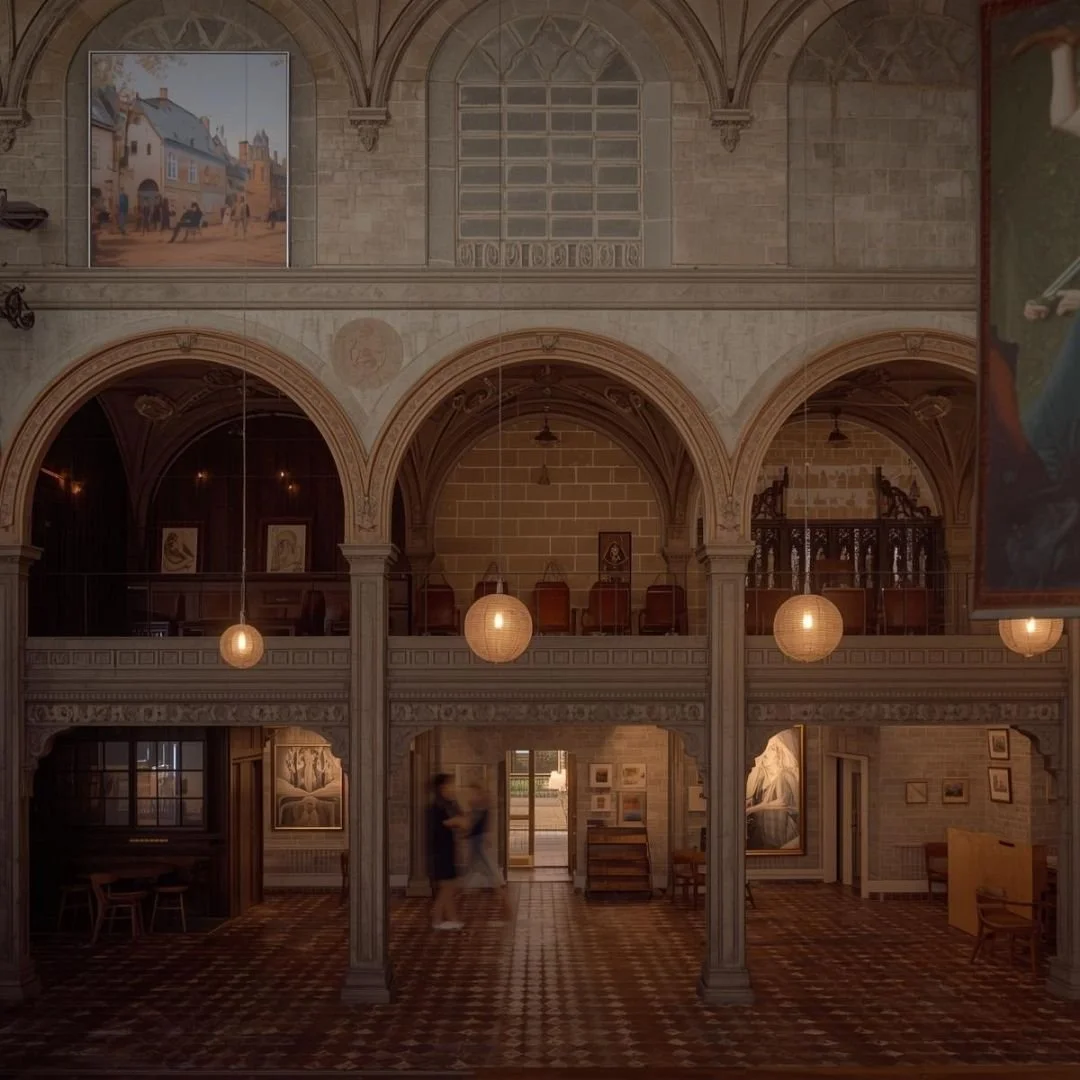 Historic interior in Brno with arched stone galleries, warm pendant lights, tiled floors, and quiet exhibition spaces, creating a refined, contemplative atmosphere with subtle movement.