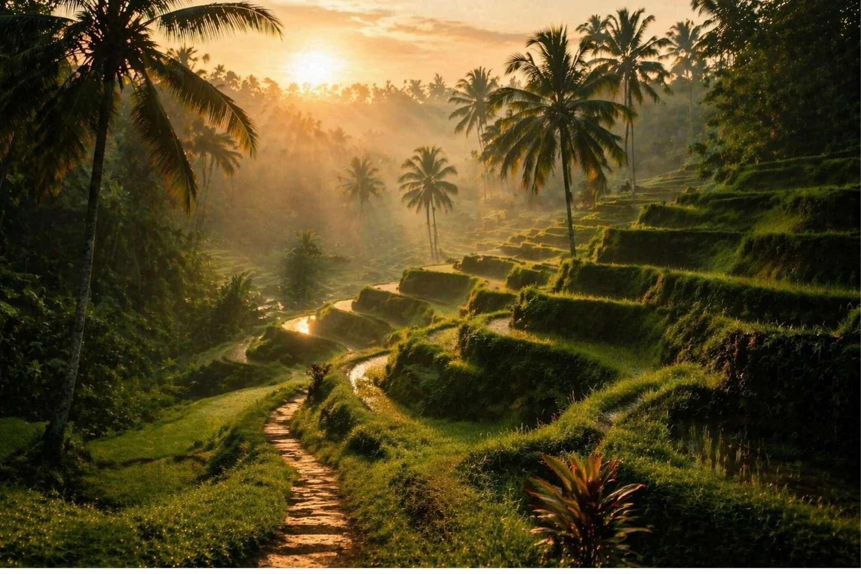 Sunrise over Bali rice terraces with a winding path through lush green fields, capturing the calm rhythm of slow and intentional travel.