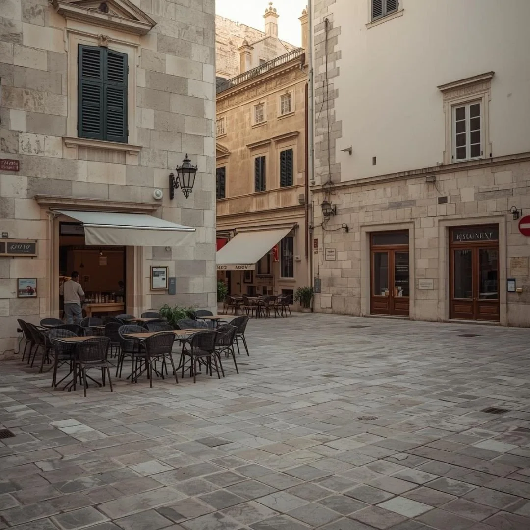 Quiet stone square in a Croatian old town with café tables set outside historic buildings.