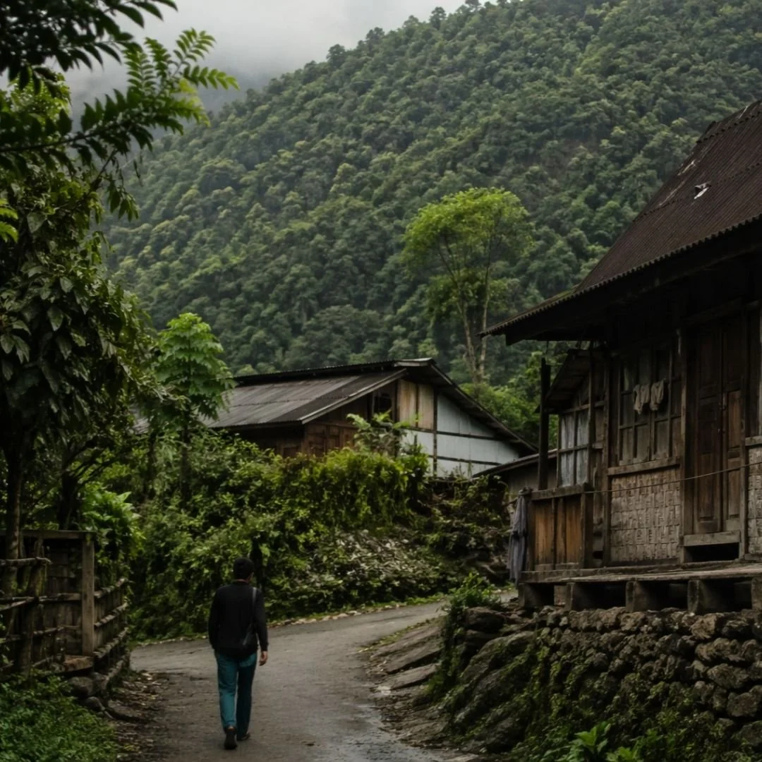 A quiet village path in Arunachal Pradesh lined with wooden homes and dense greenery, with a lone traveller walking slowly through the scene in soft, diffused natural light, capturing a still and everyday moment.