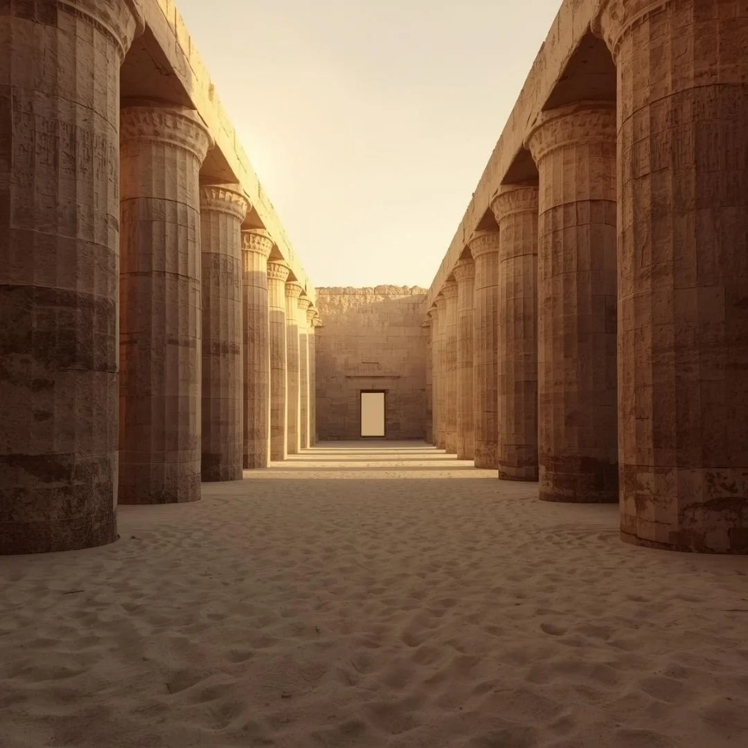 Empty stone colonnade inside an ancient Egyptian temple, with soft morning light and no crowds, creating a sense of scale and stillness.
