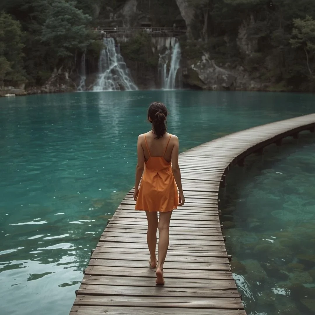 A quiet moment at Plitvice Lakes as a traveller walks barefoot along a wooden path toward misty waterfalls.
