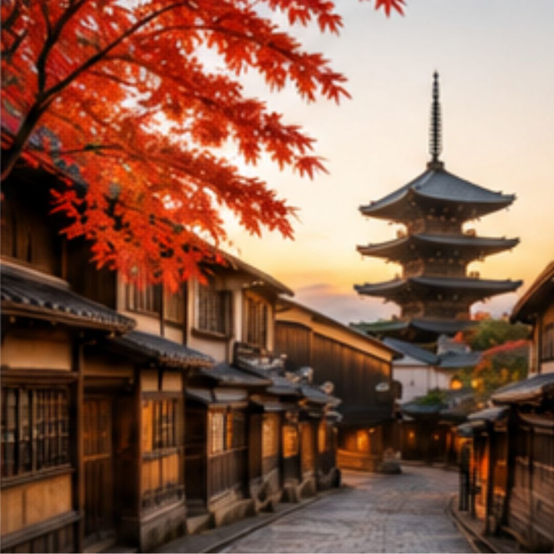 Traditional Kyoto street with pagoda and autumn foliage in Japan