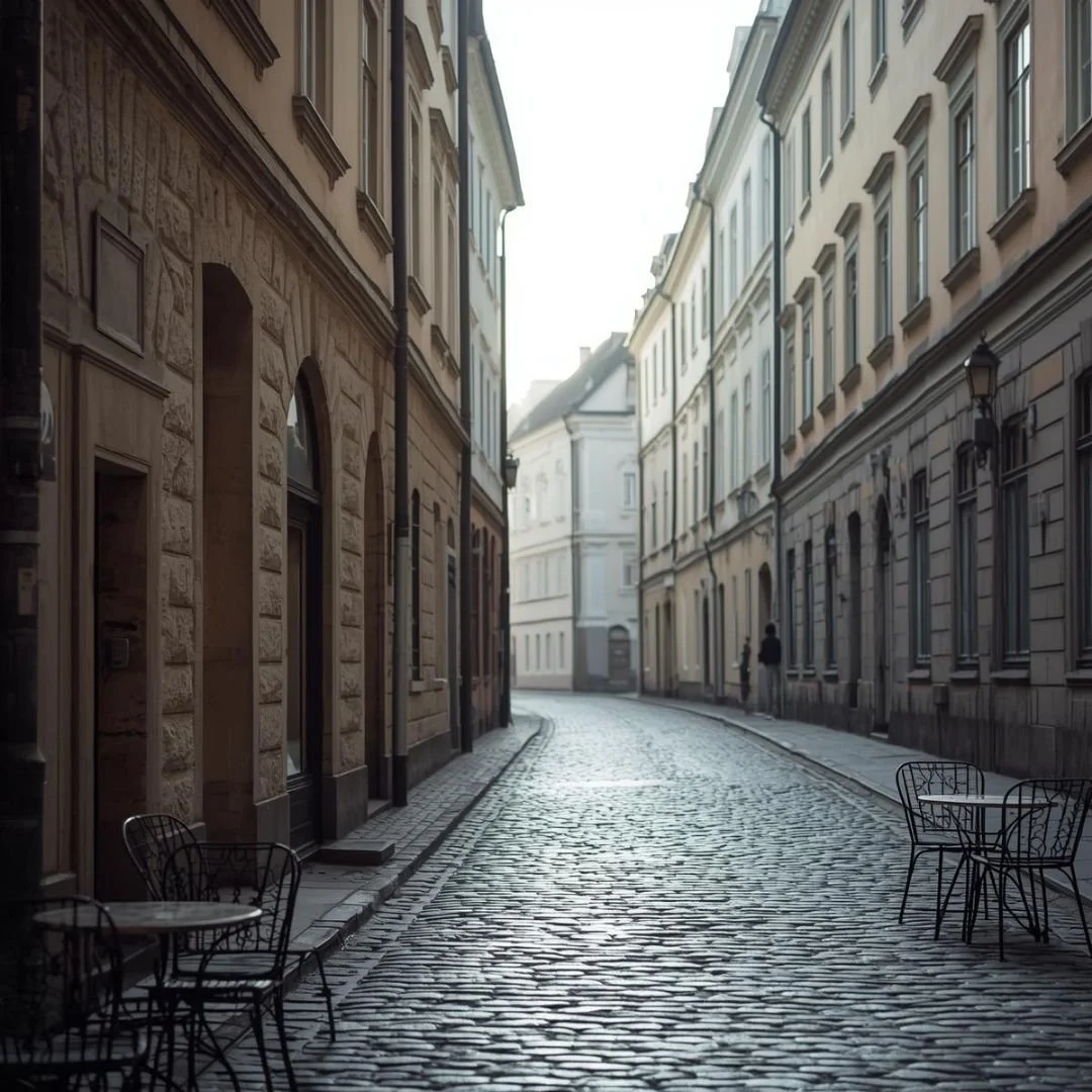 Quiet cobblestone street in Czechia lined with historic buildings, empty café tables set along the pavement, soft morning light, calm and unhurried atmosphere with no crowds.