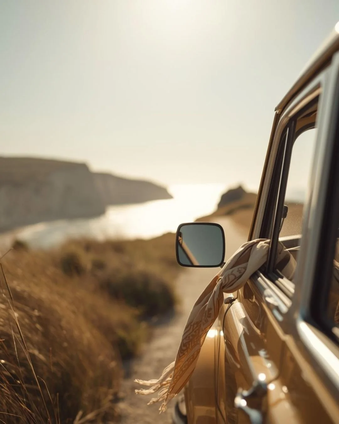 Sunlit coastal road viewed from a car window, with a scarf fluttering from the side mirror as cliffs and shimmering sea blur in the background.