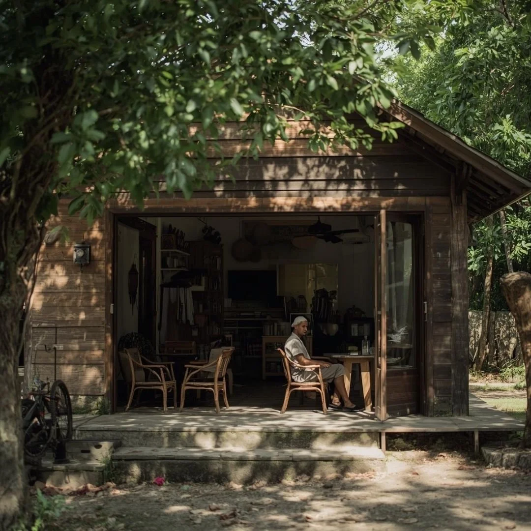 A quiet wooden cabin nestled in tropical greenery, open doors revealing a shaded interior with wicker chairs, dappled sunlight filtering through trees, and a sense of slow, secluded living in Bali.