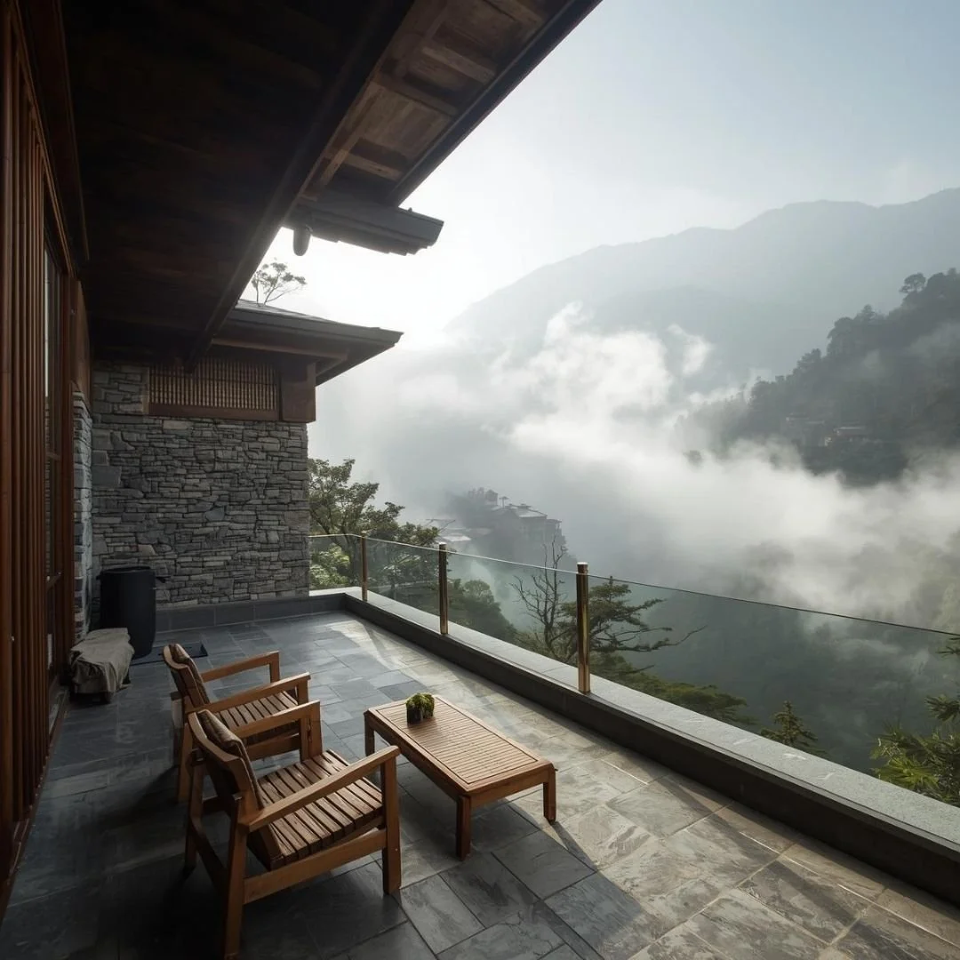 A quiet luxury lodge terrace in Bhutan with wooden seating and soft morning mist over the mountains